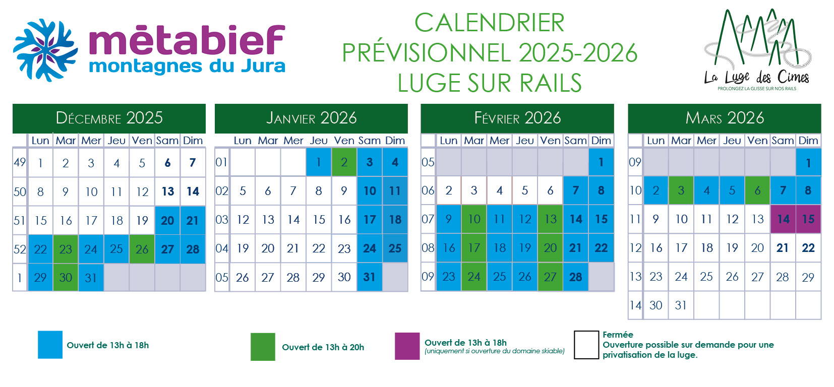 Calendrier prévisionnel des ouvertures luge sur rails - Saison hiver 2025-2026